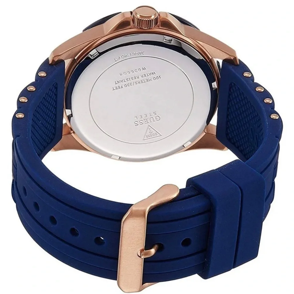 Guess Rose Gold Stainless‎ Steel Blue Silicone Strap Men Watch W0366G4